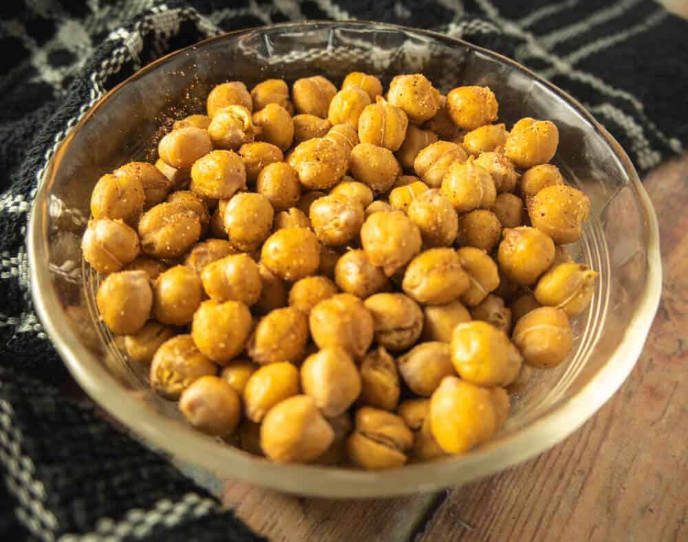 Roasted Chickpeas close up on wood table