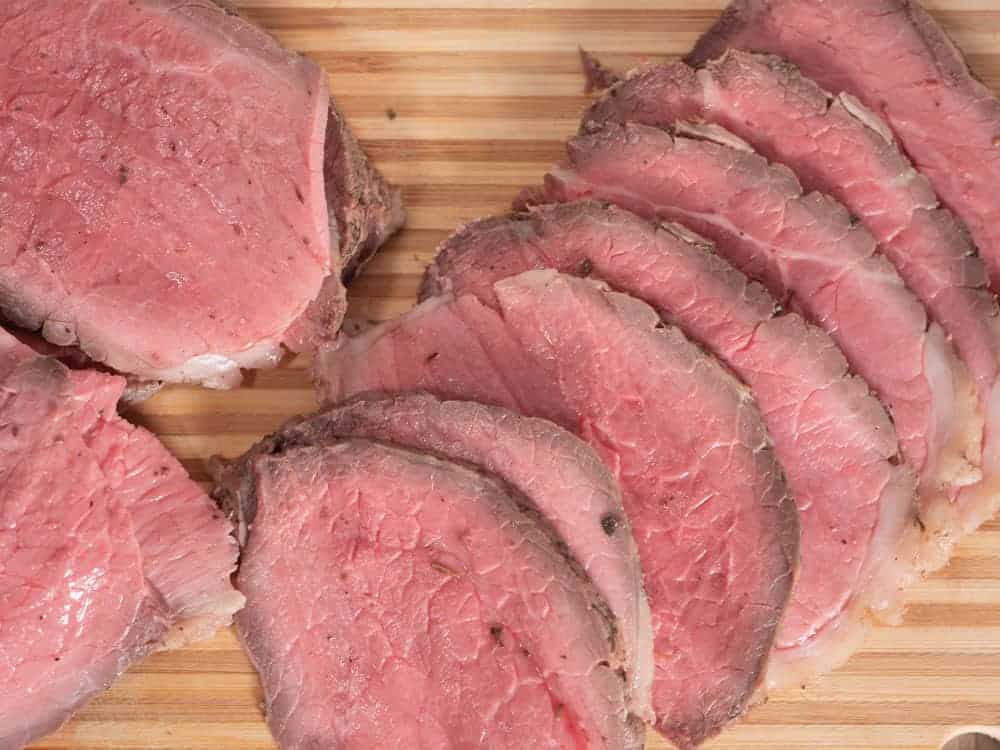 overhead image of instant pot roast beef sliced