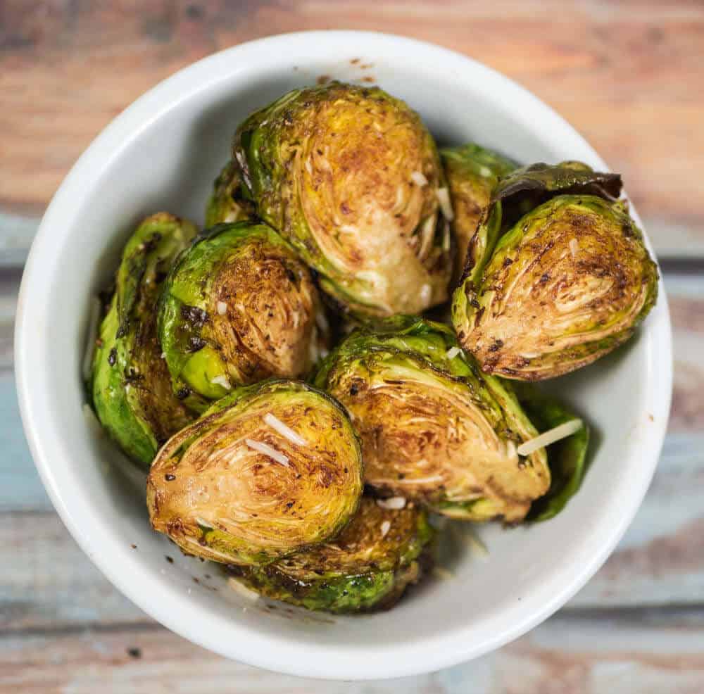 Above view of delicious nutty balsamic Parmesan roasted brussel sprouts.