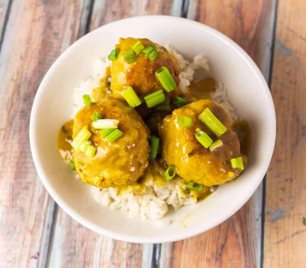 Above shot of chicken curry meatballs. Juicy and delicious and made in your Instant Pot