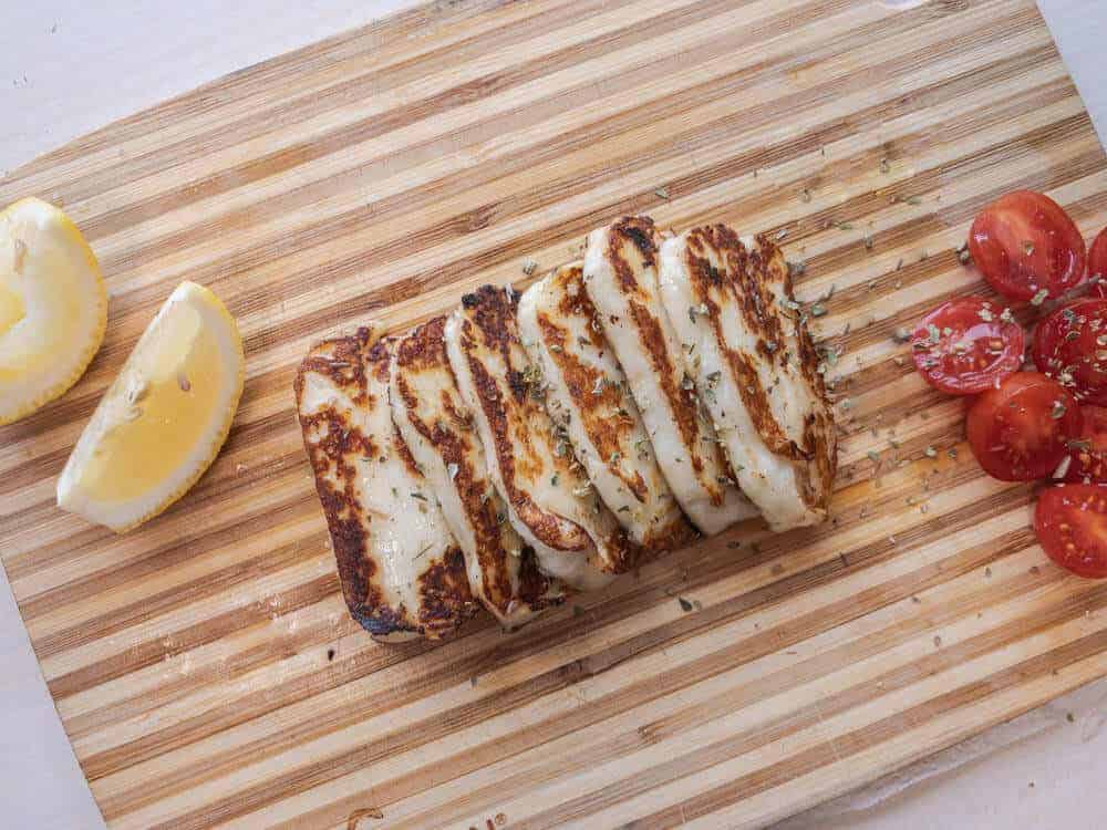 Cooked Halloumi on serving board