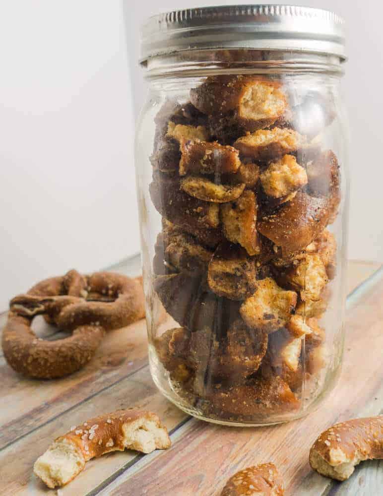 seasoned pretzels stored in airtight jar