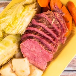 Close up of pressure cooker corned beef and cabbage