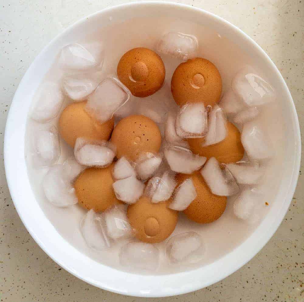 Hard boiled eggs in ice bath after being hard boiled in the Instant Pot