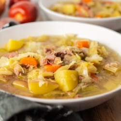 corned beef and cabbage soup close up