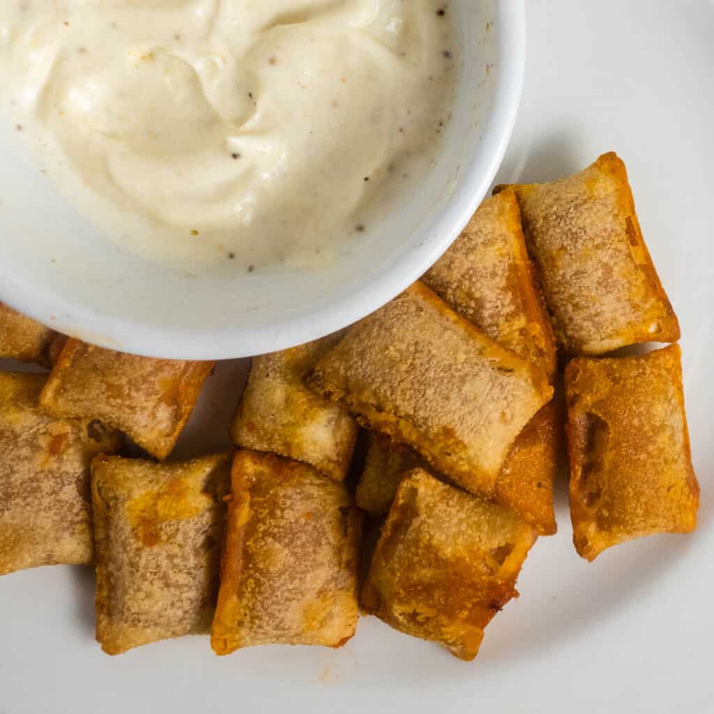 garlic dip and pizza rolls in the air fryer.