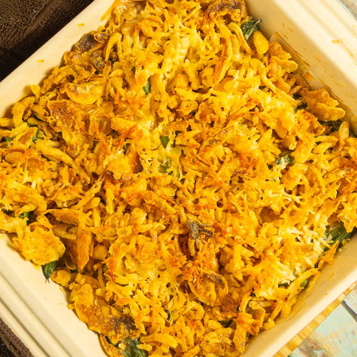 Flatlay image of air fried green bean casserole