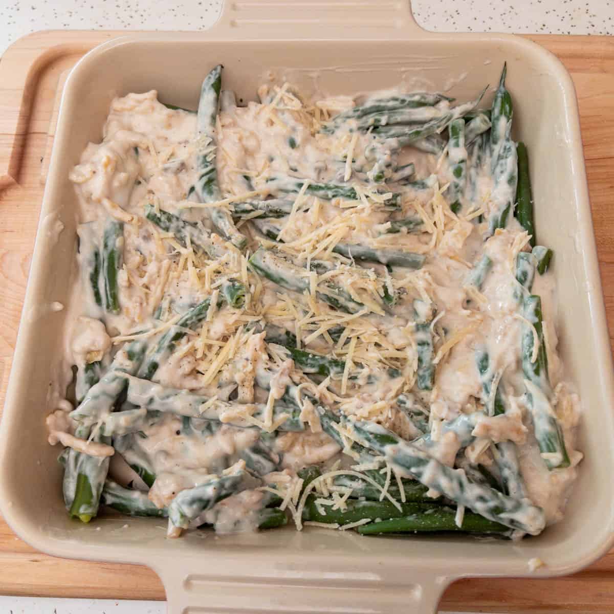 Green Bean Casserole in the baking dish ready to be baked step 1