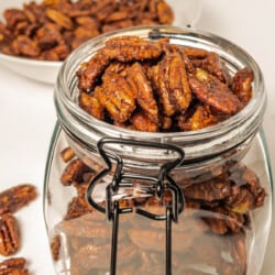 candied pecans in a buckle jar