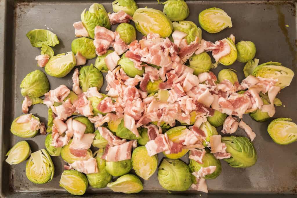 raw brussel sprouts on sheet pan