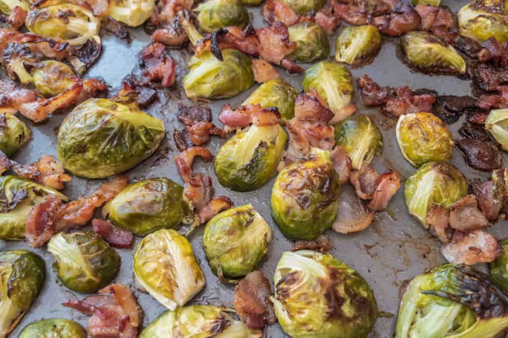 Roasted brussel sprouts done cooking on sheet pan