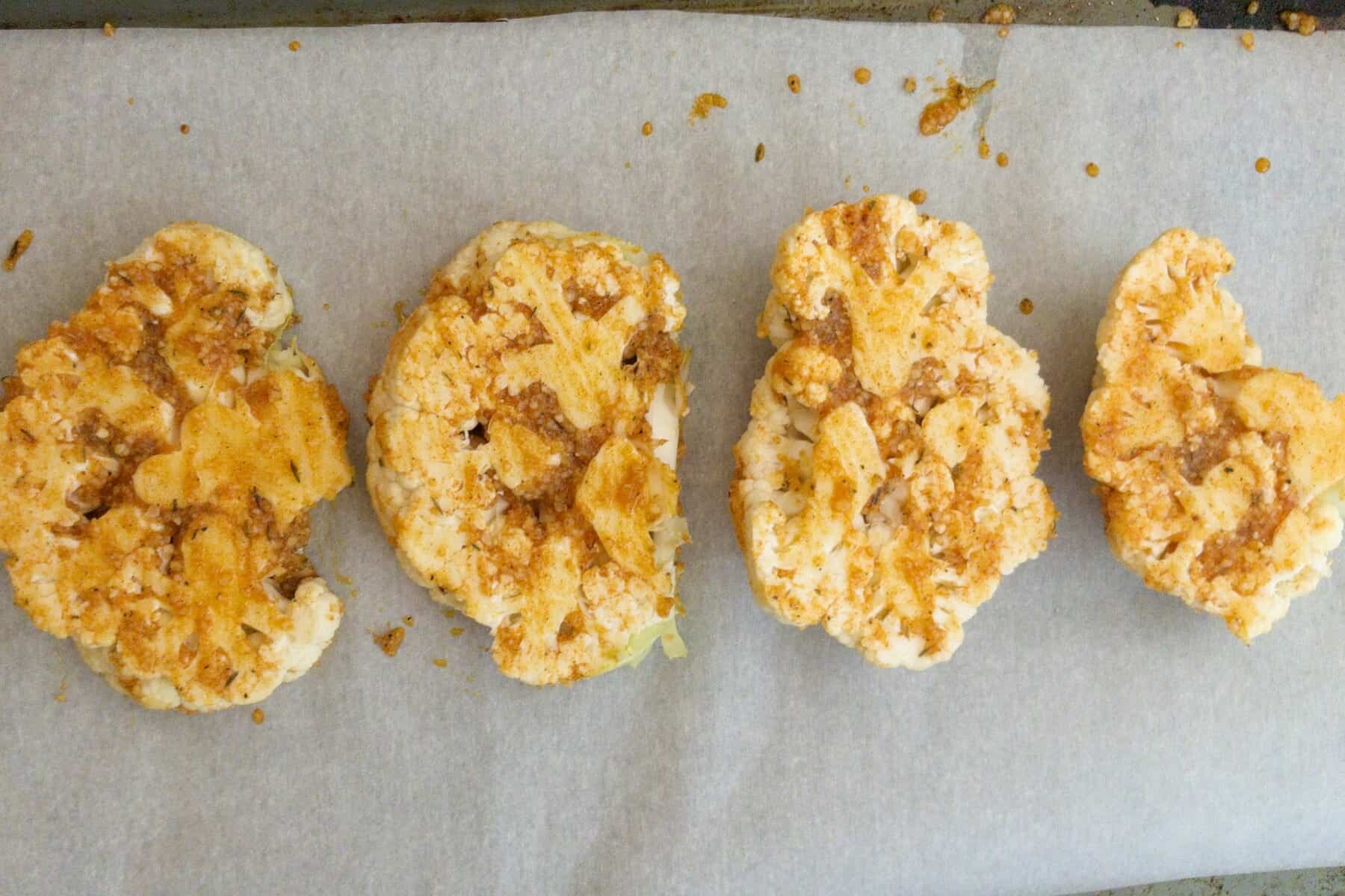 Cheesy cauliflower above shot after being roasted.