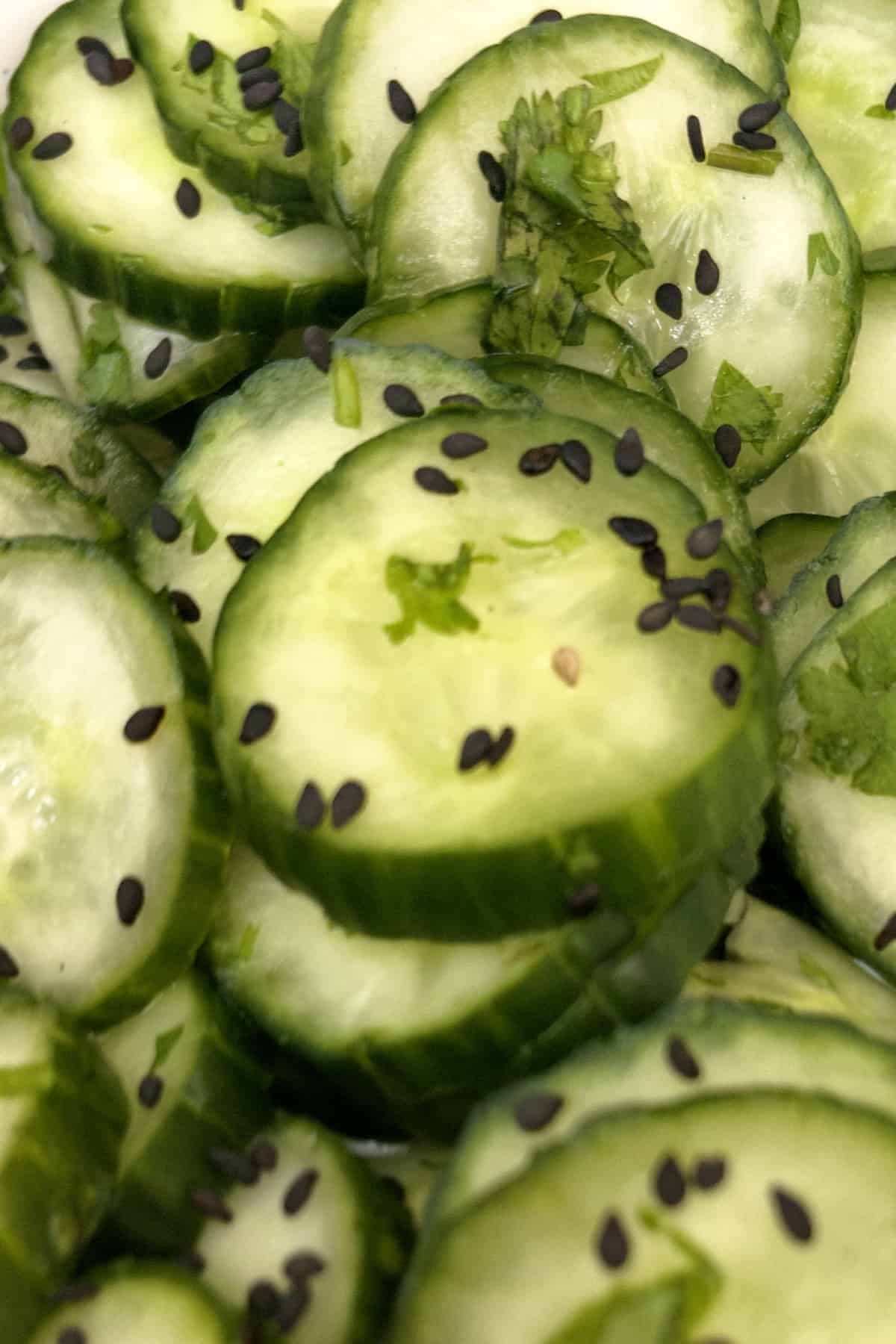 asian cucumber salad finished in a bowl with cilantro and sesame seeds.