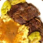 mashed potatoes pot roast and pepperocinis made in the instant pot pressure cooker close up.