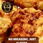 Close-up of crispy air fryer fried chicken with golden-brown skin and visible seasoning. Text overlay reads “No Breading. Just Flavor. Crispy Air Fryer Chicken.