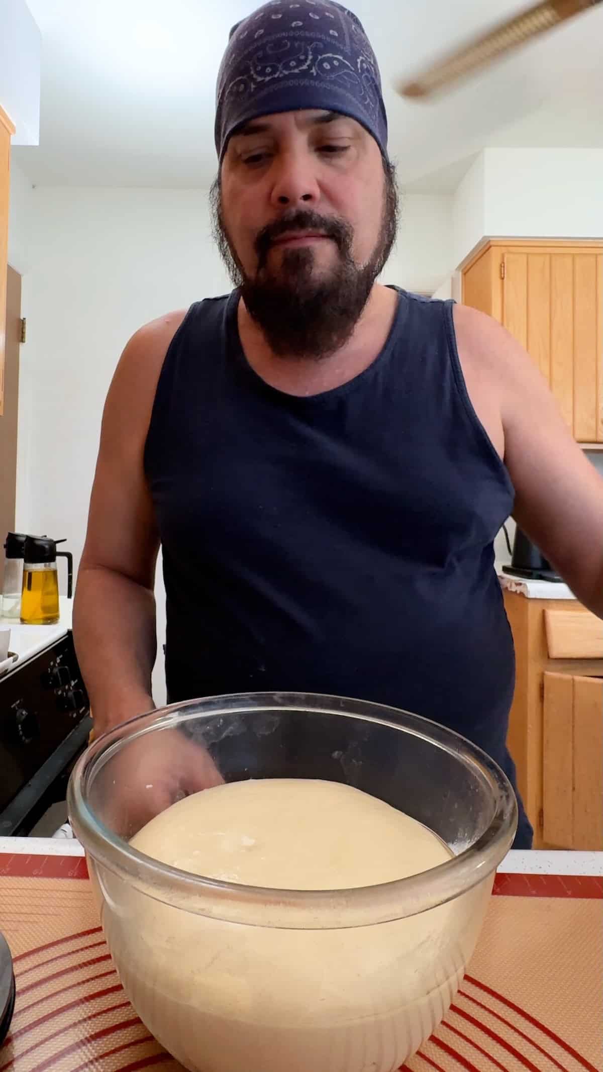 Homemade sandwich roll dough after bulk fermentation, ready to divide and shape