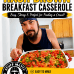 Cheesy ham hash brown breakfast casserole with tomatoes and green onions